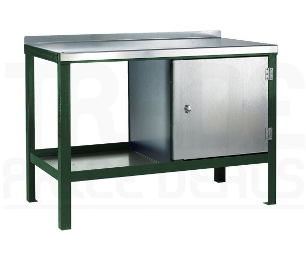 Heavy Duty Workbench | Steel Worktop | RH Cupboard | 840h x 1500w x 750d mm | 1000kg Max Weight per Shelf | Green | Benchmaster