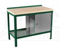 Heavy Duty Workbench | Solid Wood Worktop | RH Cupboard | 840h x 1200w x 750d mm | 1000kg Max Weight per Shelf | Green | Benchmaster