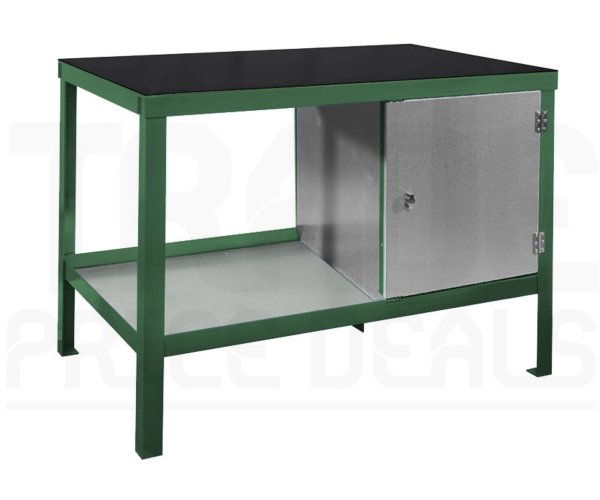 Heavy Duty Workbench | Rubber Bonded to Steel Worktop | RH Cupboard | 840h x 1200w x 900d mm | 1000kg Max Weight per Shelf | Green | Benchmaster