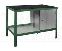 Heavy Duty Workbench | Rubber Bonded to Steel Worktop | RH Cupboard | 840h x 1500w x 750d mm | 1000kg Max Weight per Shelf | Green | Benchmaster