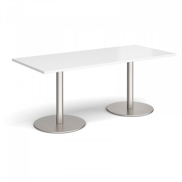 Rectangular Café Table | 1800 x 800mm | 725mm High | White | Round Brushed Steel Bases | Monza