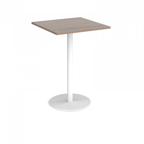 Square Poseur Table | 800 x 800mm | 1100mm High | Barcelona Walnut | Round White Base | Monza