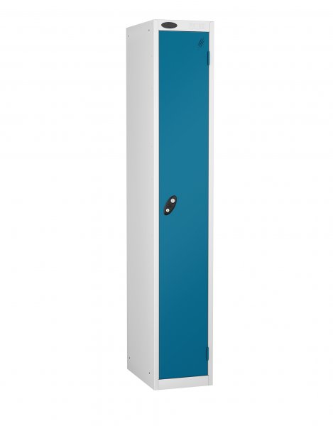 Single Metal Storage Locker | Single Door | 1780 x 305 x 305mm | White Carcass | Blue Door | Cam Lock | Probe