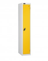 Single Metal Storage Locker | Single Door | 1780 x 305 x 305mm | White Carcass | Yellow Door | Cam Lock | Probe