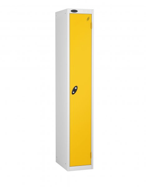 Single Metal Storage Locker | Single Door | 1780 x 305 x 305mm | White Carcass | Yellow Door | Cam Lock | Probe