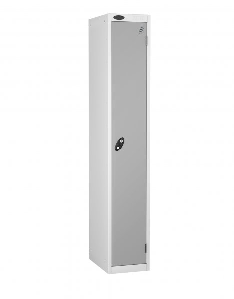 Single Metal Storage Locker | Single Door | 1780 x 305 x 305mm | White Carcass | Silver Door | Cam Lock | Probe