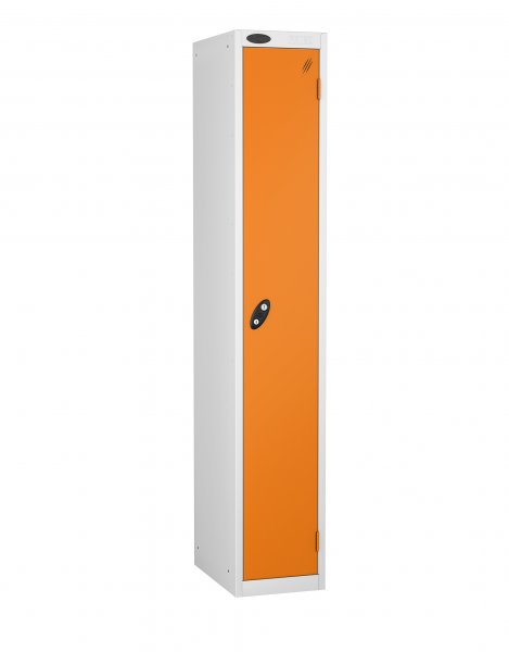 Single Metal Storage Locker | Single Door | 1780 x 305 x 305mm | White Carcass | Orange Door | Cam Lock | Probe