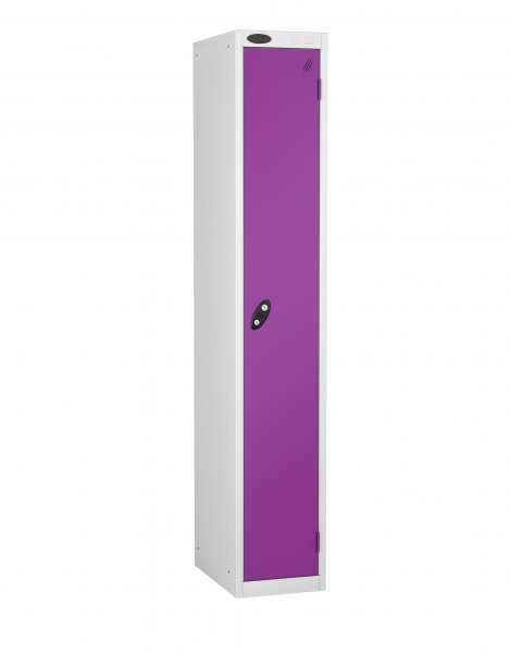 Single Metal Storage Locker | Single Door | 1780 x 305 x 305mm | White Carcass | Lilac Door | Cam Lock | Probe