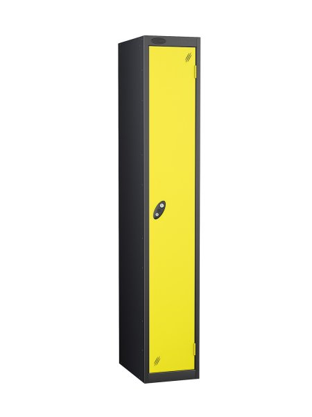 Single Metal Storage Locker | Single Door | 1780 x 305 x 305mm | Black Carcass | Lemon Door | Cam Lock | Probe