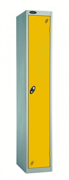 Single Metal Storage Locker | Single Door | 1780 x 305 x 305mm | Silver Carcass | Yellow Door | Cam Lock | Probe