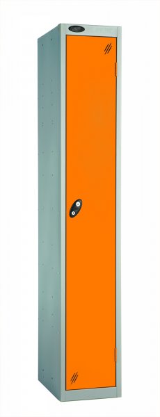 Single Metal Storage Locker | Single Door | 1780 x 305 x 305mm | Silver Carcass | Orange Door | Cam Lock | Probe