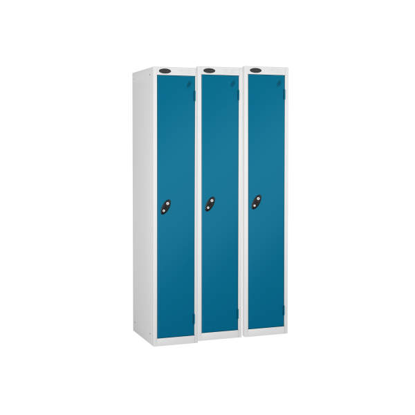 Nest of 3 Metal Storage Lockers | Single Door | 1780 x 305 x 305mm | White Carcass | Blue Door | Cam Lock | Probe