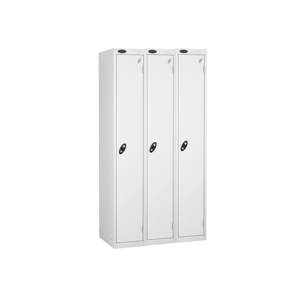 Nest of 3 Metal Storage Lockers | Single Door | 1780 x 305 x 305mm | White Carcass | White Door | Cam Lock | Probe