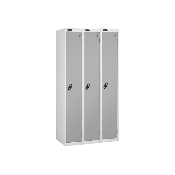 Nest of 3 Metal Storage Lockers | Single Door | 1780 x 305 x 305mm | White Carcass | Silver Door | Cam Lock | Probe