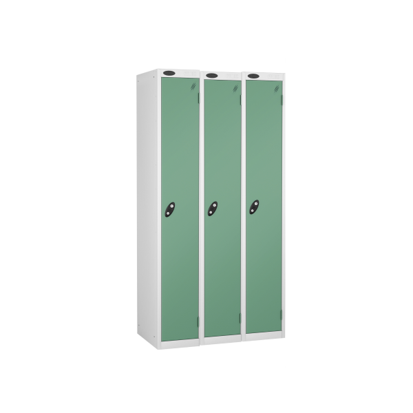 Nest of 3 Metal Storage Lockers | Single Door | 1780 x 305 x 305mm | White Carcass | Jade Door | Cam Lock | Probe