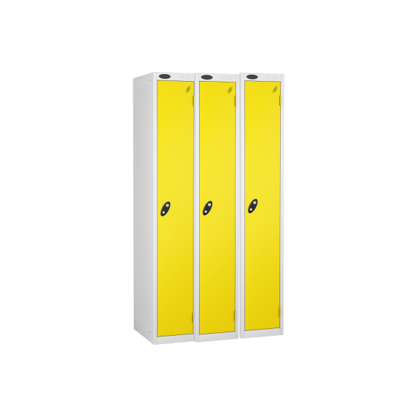 Nest of 3 Metal Storage Lockers | Single Door | 1780 x 305 x 305mm | White Carcass | Lemon Door | Cam Lock | Probe