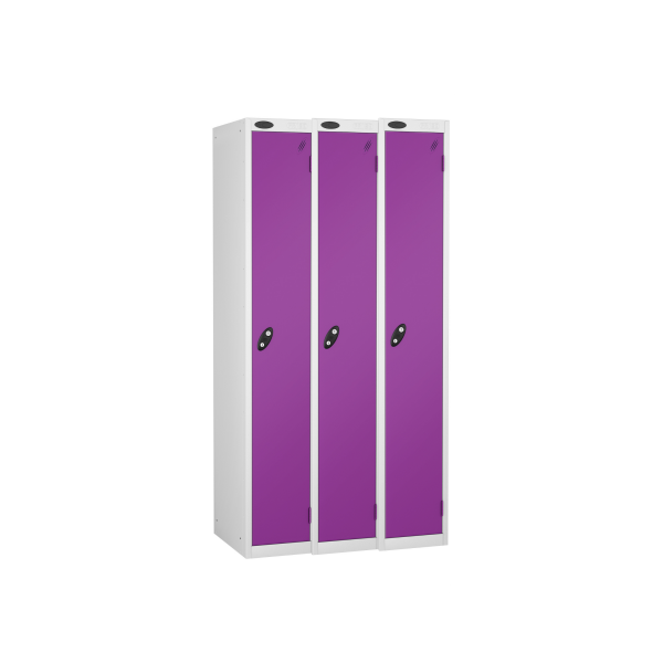 Nest of 3 Metal Storage Lockers | Single Door | 1780 x 305 x 305mm | White Carcass | Lilac Door | Cam Lock | Probe