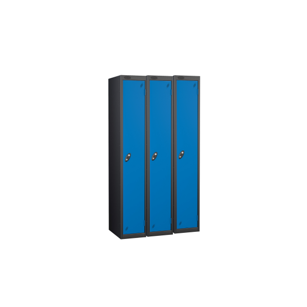 Nest of 3 Metal Storage Lockers | Single Door | 1780 x 305 x 305mm | Black Carcass | Blue Door | Cam Lock | Probe