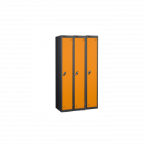 Nest of 3 Metal Storage Lockers | Single Door | 1780 x 305 x 305mm | Black Carcass | Orange Door | Cam Lock | Probe