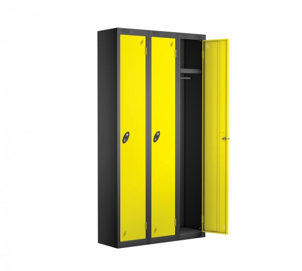 Nest of 3 Metal Storage Lockers | Single Door | 1780 x 305 x 305mm | Black Carcass | Lemon Door | Cam Lock | Probe