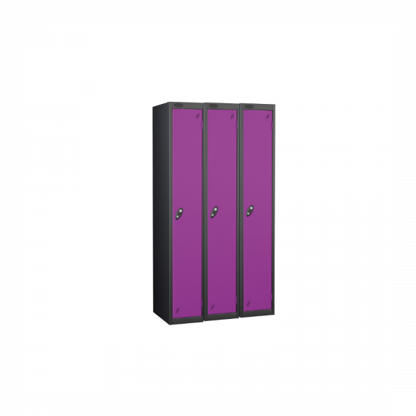 Nest of 3 Metal Storage Lockers | Single Door | 1780 x 305 x 305mm | Black Carcass | Lilac Door | Cam Lock | Probe