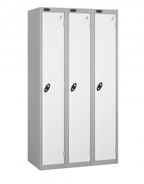 Nest of 3 Metal Storage Lockers | Single Door | 1780 x 305 x 305mm | Silver Carcass | White Door | Cam Lock | Probe