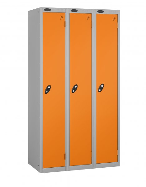 Nest of 3 Metal Storage Lockers | Single Door | 1780 x 305 x 305mm | Silver Carcass | Orange Door | Cam Lock | Probe