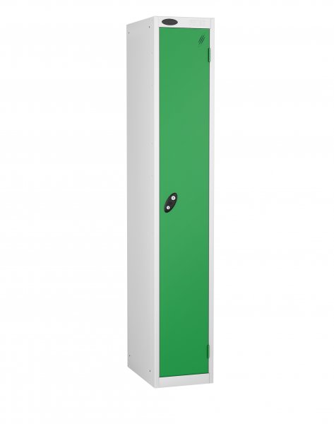 Single Metal Storage Locker | Single Door | 1780 x 305 x 380mm | White Carcass | Green Door | Cam Lock | Probe