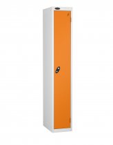 Single Metal Storage Locker | Single Door | 1780 x 305 x 380mm | White Carcass | Orange Door | Cam Lock | Probe