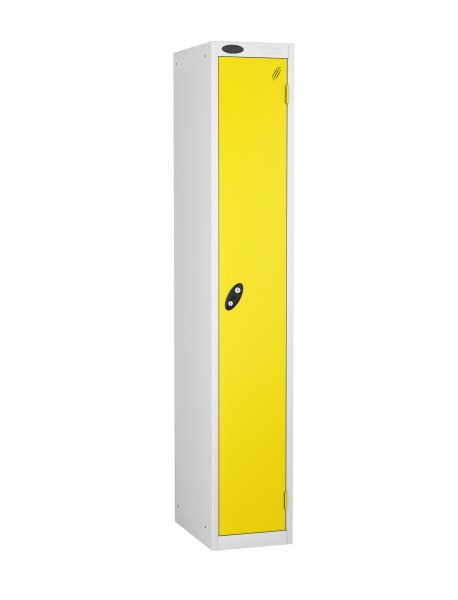 Single Metal Storage Locker | Single Door | 1780 x 305 x 380mm | White Carcass | Lemon Door | Cam Lock | Probe