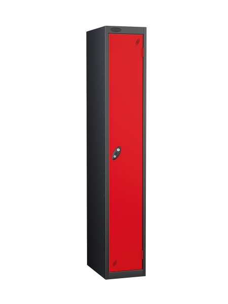 Single Metal Storage Locker | Single Door | 1780 x 305 x 380mm | Black Carcass | Red Door | Cam Lock | Probe