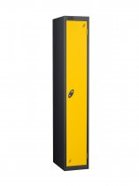 Single Metal Storage Locker | Single Door | 1780 x 305 x 380mm | Black Carcass | Yellow Door | Cam Lock | Probe