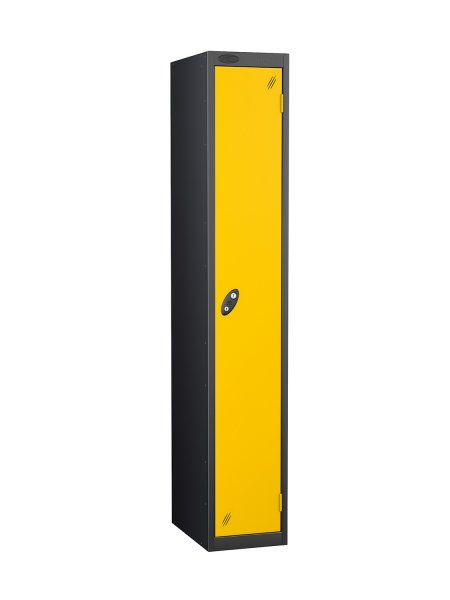 Single Metal Storage Locker | Single Door | 1780 x 305 x 380mm | Black Carcass | Yellow Door | Cam Lock | Probe