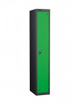 Single Metal Storage Locker | Single Door | 1780 x 305 x 380mm | Black Carcass | Green Door | Cam Lock | Probe