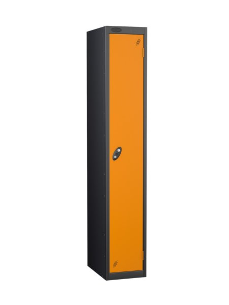 Single Metal Storage Locker | Single Door | 1780 x 305 x 380mm | Black Carcass | Orange Door | Cam Lock | Probe