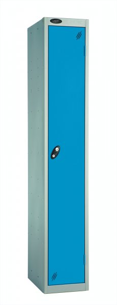 Single Metal Storage Locker | Single Door | 1780 x 305 x 380mm | Silver Carcass | Blue Door | Cam Lock | Probe