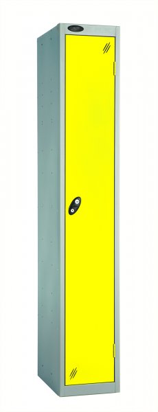 Single Metal Storage Locker | Single Door | 1780 x 305 x 380mm | Silver Carcass | Lemon Door | Cam Lock | Probe