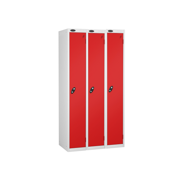 Nest of 3 Metal Storage Lockers | Single Door | 1780 x 305 x 380mm | White Carcass | Red Door | Cam Lock | Probe