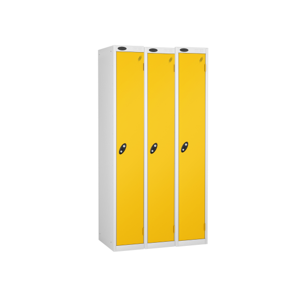 Nest of 3 Metal Storage Lockers | Single Door | 1780 x 305 x 380mm | White Carcass | Yellow Door | Cam Lock | Probe