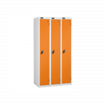 Nest of 3 Metal Storage Lockers | Single Door | 1780 x 305 x 380mm | White Carcass | Orange Door | Cam Lock | Probe