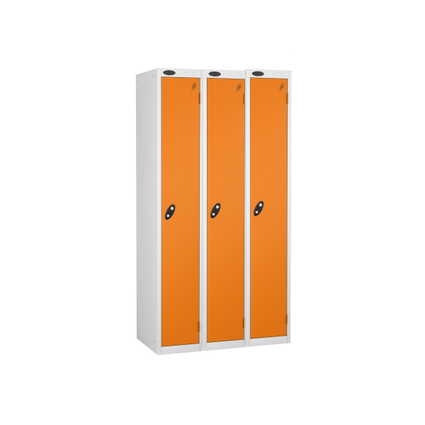 Nest of 3 Metal Storage Lockers | Single Door | 1780 x 305 x 380mm | White Carcass | Orange Door | Cam Lock | Probe