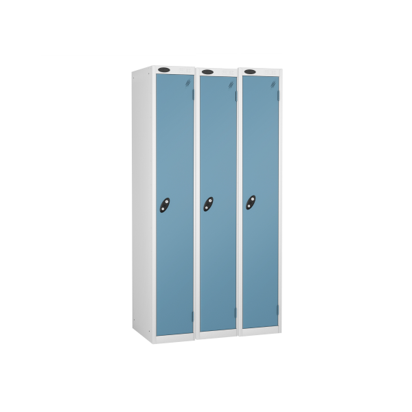 Nest of 3 Metal Storage Lockers | Single Door | 1780 x 305 x 380mm | White Carcass | Ocean Door | Cam Lock | Probe