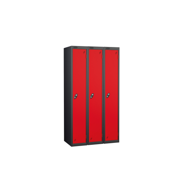 Nest of 3 Metal Storage Lockers | Single Door | 1780 x 305 x 380mm | Black Carcass | Red Door | Cam Lock | Probe