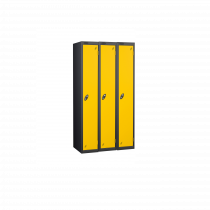 Nest of 3 Metal Storage Lockers | Single Door | 1780 x 305 x 380mm | Black Carcass | Yellow Door | Cam Lock | Probe