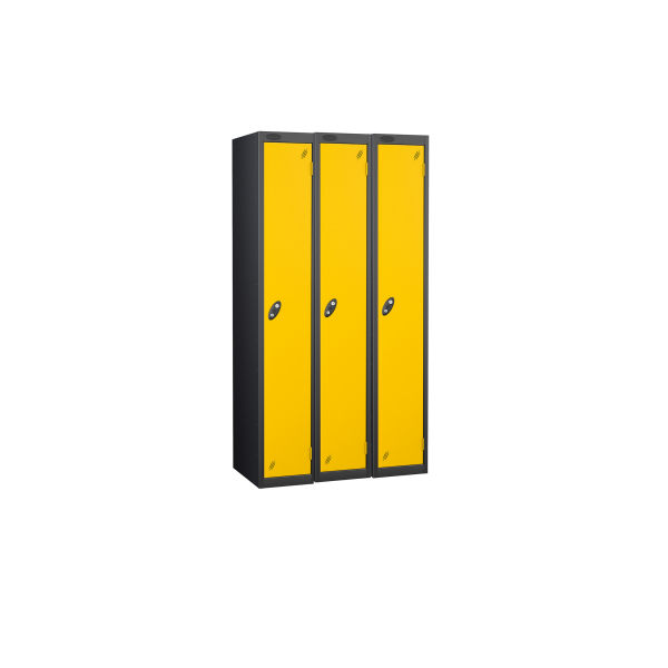 Nest of 3 Metal Storage Lockers | Single Door | 1780 x 305 x 380mm | Black Carcass | Yellow Door | Cam Lock | Probe