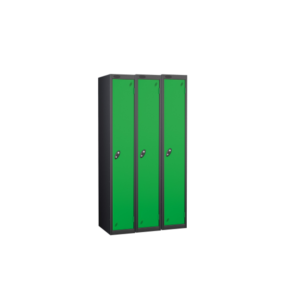 Nest of 3 Metal Storage Lockers | Single Door | 1780 x 305 x 380mm | Black Carcass | Green Door | Cam Lock | Probe