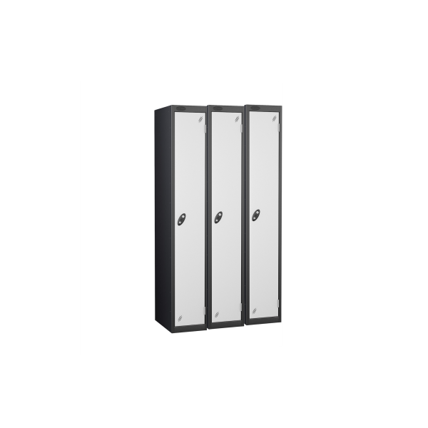 Nest of 3 Metal Storage Lockers | Single Door | 1780 x 305 x 380mm | Black Carcass | White Door | Cam Lock | Probe