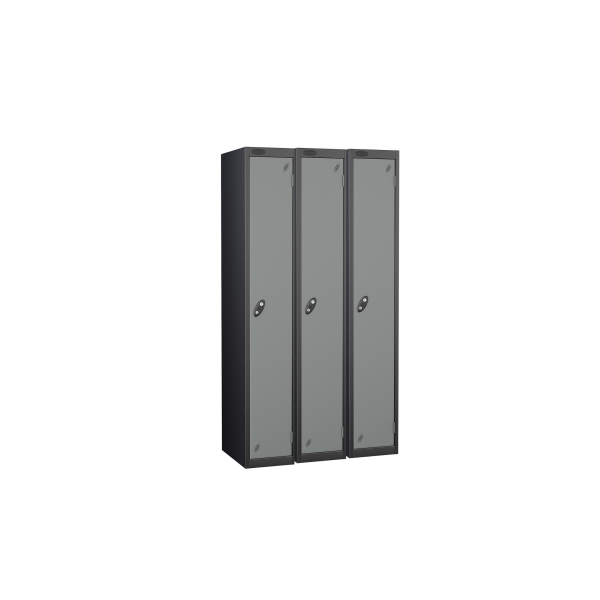 Nest of 3 Metal Storage Lockers | Single Door | 1780 x 305 x 380mm | Black Carcass | Silver Door | Cam Lock | Probe