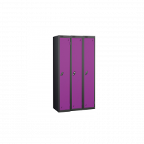 Nest of 3 Metal Storage Lockers | Single Door | 1780 x 305 x 380mm | Black Carcass | Lilac Door | Cam Lock | Probe