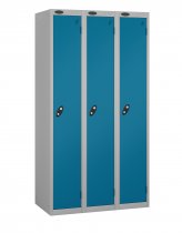 Nest of 3 Metal Storage Lockers | Single Door | 1780 x 305 x 380mm | Silver Carcass | Blue Door | Cam Lock | Probe